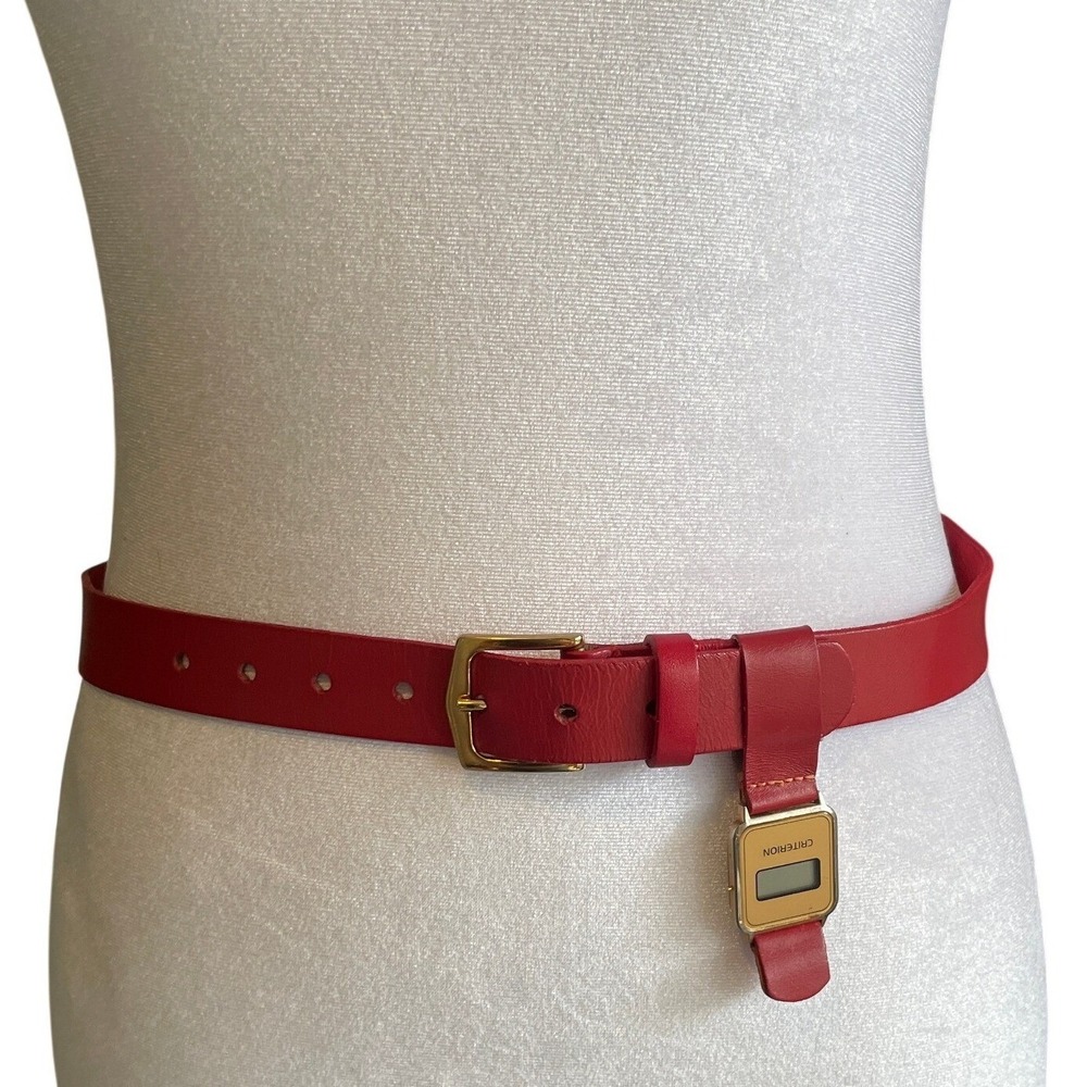 Vintage Criterion Red Leather Belt with Integrated Digital Watch Charm Gold Tone